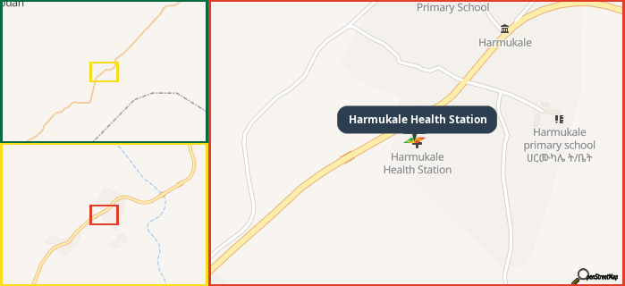 Map showing the address of Harmukale Health Station in three different zoom levels.