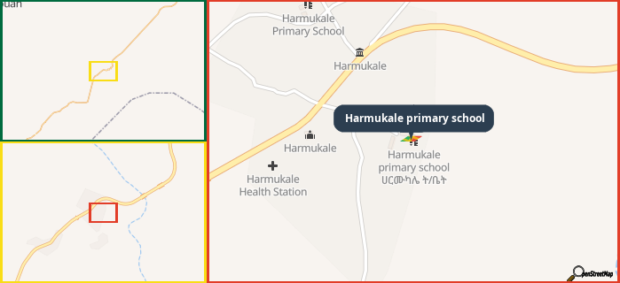 Map showing the address of Harmukale primary school in three different zoom levels.