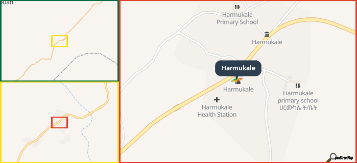 Map showing the address of Harmukale in three different zoom levels.