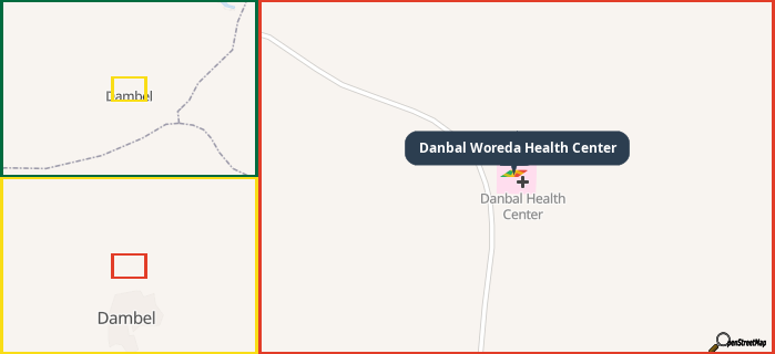 Map showing the address of Danbal Woreda Health Center in three different zoom levels.