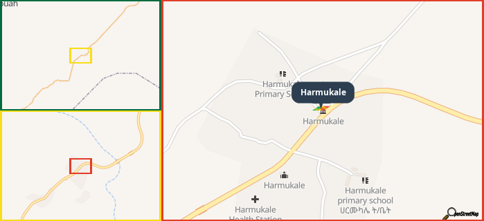 Map showing the address of Harmukale in three different zoom levels.