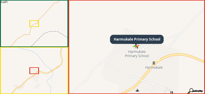 Map showing the address of Harmukale Primary School in three different zoom levels.
