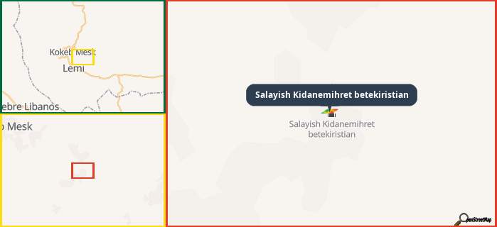Map showing the address of Salayish Kidanemihret betekiristian in three different zoom levels.