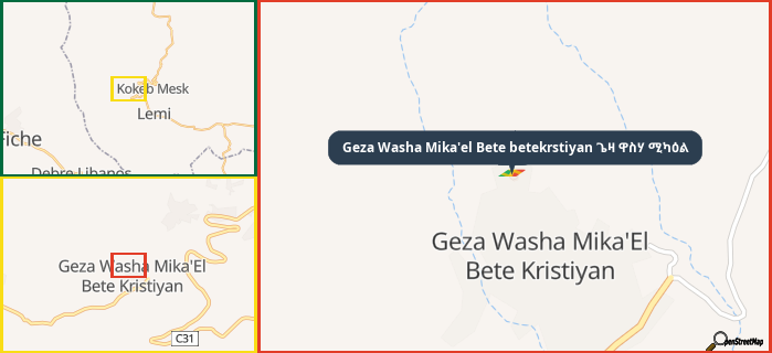 Map showing the address of Geza Washa Mika'el Bete betekrstiyan ጌዛ ዋስሃ ሚካዕል in three different zoom levels.