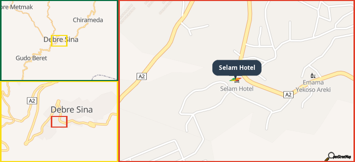 Map showing the address of Selam Hotel in three different zoom levels.