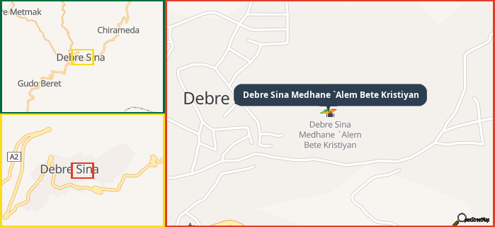 Map showing the address of Debre Sina Medhane `Alem Bete Kristiyan in three different zoom levels.