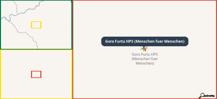 Map showing the address of Goro Furtu HPS (Menschen fuer Menschen) in three different zoom levels.