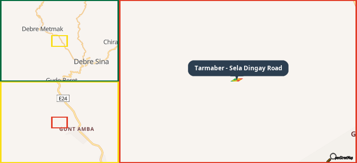 Map showing the address of Tarmaber - Sela Dingay Road in three different zoom levels.