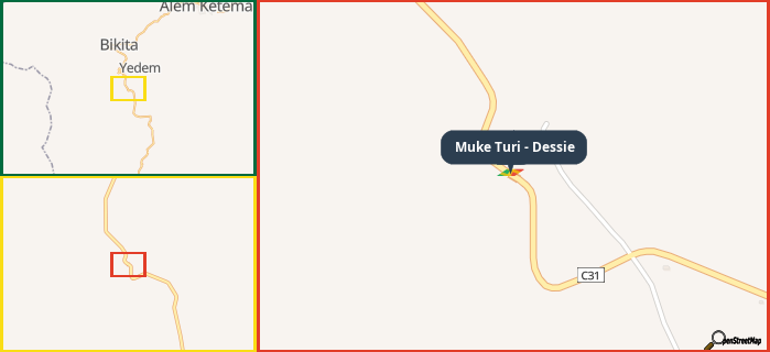 Map showing the address of Muke Turi - Dessie in three different zoom levels.