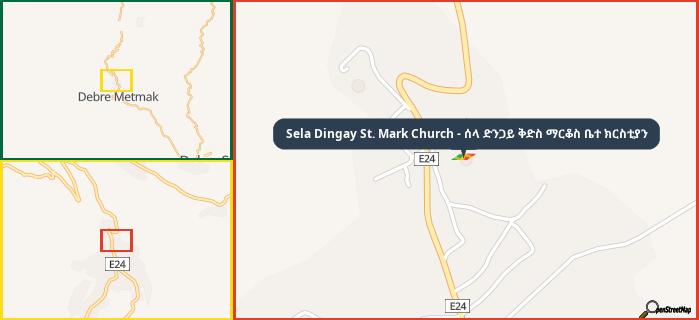 Map showing the address of Sela Dingay St. Mark Church - ሰላ ድንጋይ ቅድስ ማርቆስ ቤተ ክርስቲያን in three different zoom levels.