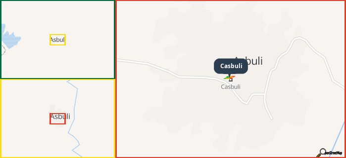 Map showing the address of Casbuli in three different zoom levels.