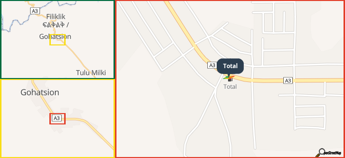 Map showing the address of Total in three different zoom levels.