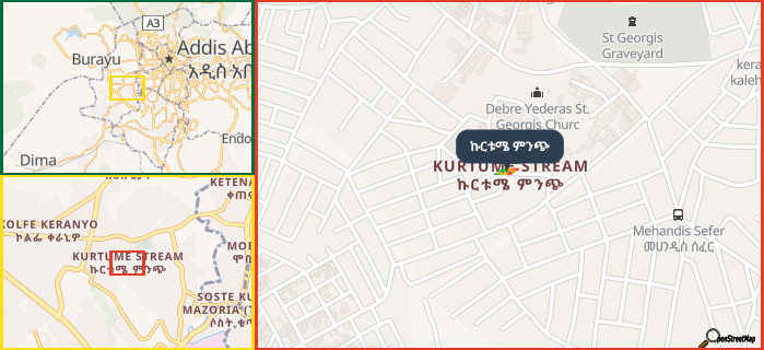 Map showing the address of ኩርቱሜ ምንጭ in three different zoom levels.
