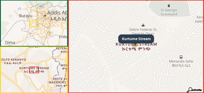 Map showing the address of Kurtume Stream in three different zoom levels.