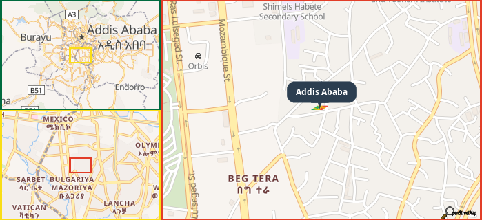 Map showing the address of Addis Ababa in three different zoom levels.