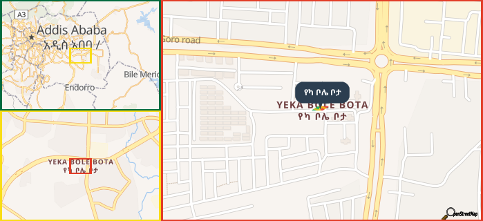 Map showing the address of የካ ቦሌ ቦታ in three different zoom levels.